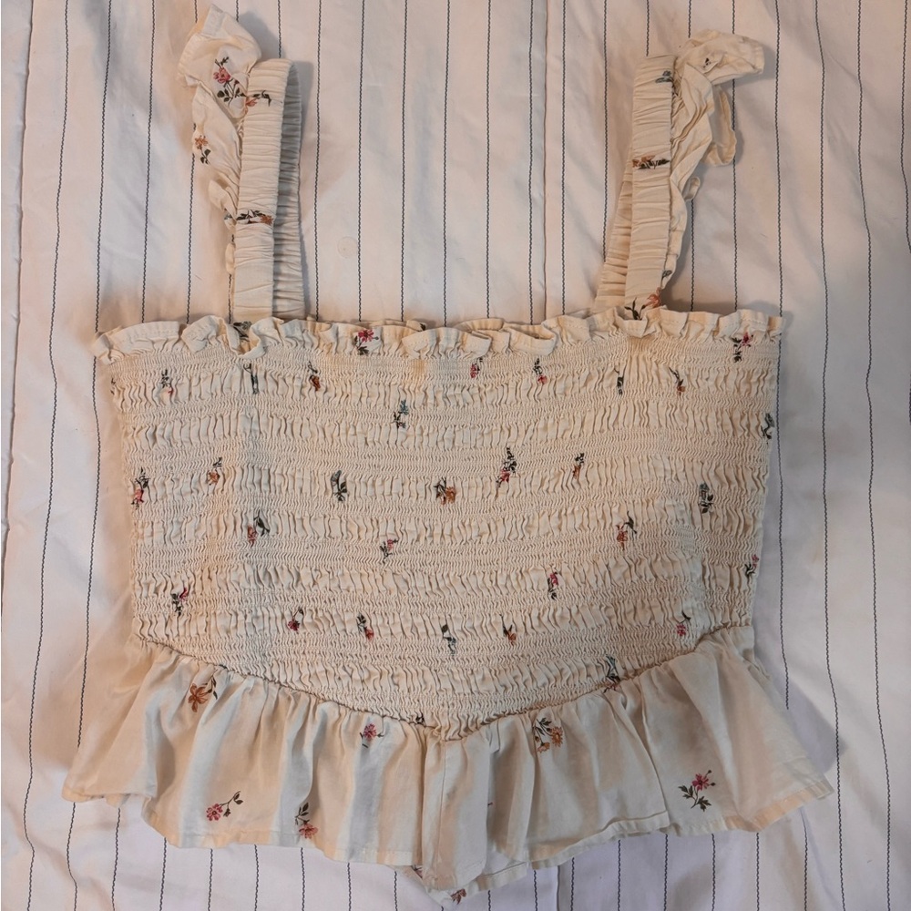 American Eagle Outfitters Cream Floral Smocked Camisole